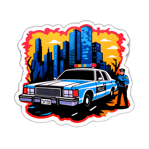 Sticker créatif représentant une scène d'une ville surréaliste avec des voitures de police poursuivant des meurtriers parfaits