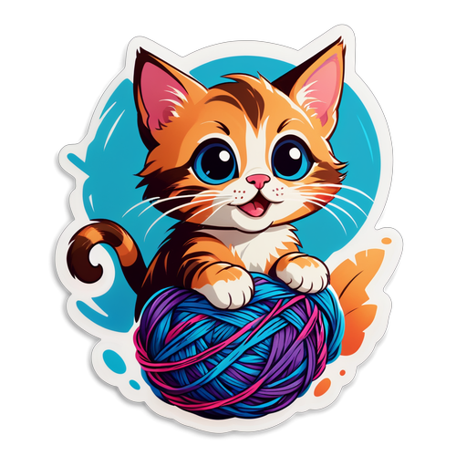 Playful Kitten Tangled in Yarn Sticker