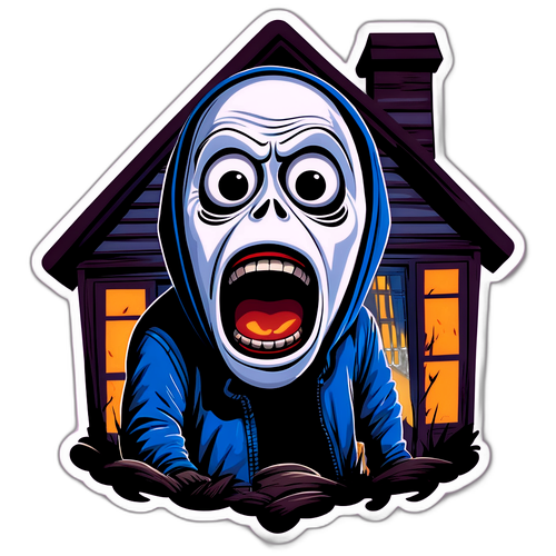 Un personnage effrayé émerge d'une maison sombre