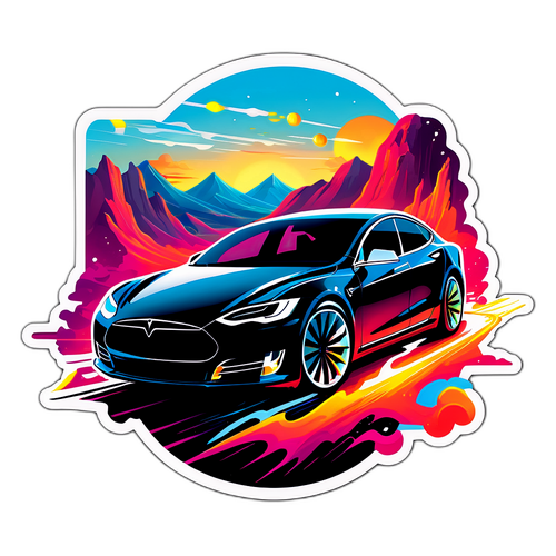 Creatieve sticker van een Tesla auto in een futuristisch landschap