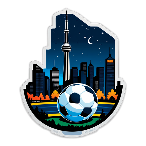 Escena nocturna en Toronto con el CN Tower y un balón de fútbol
