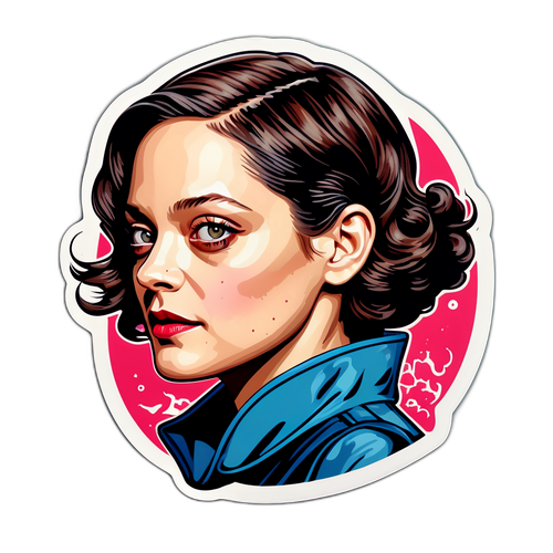 Portrait artistique de Marion Cotillard avec des touches de surréalisme et des éléments de cinéma