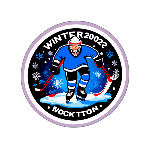 Sticker van een schaatsende hockeypuck in een sneeuwstorm
