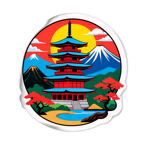 鎌倉の歴史的な寺院と風景のある日本的な雰囲気のステッカーデザイン