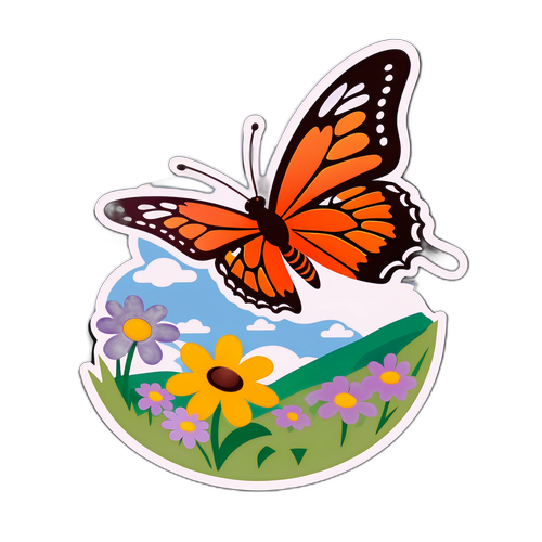 Fröhlicher Aufkleber mit Schmetterling über einer Blumenwiese