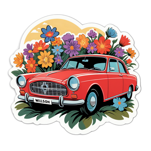 Autoturism vintage înconjurat de flori