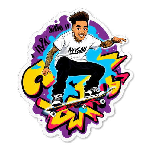 Nyjah Hustons Imponerende Trick - Skateboarding Sticker, der Blendende Fangede Ungdommelig Coolness!