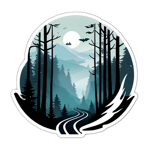 Mystisk klistermärke med dimma och väg