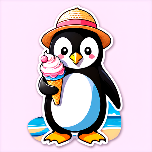 戴著草帽拿著冰淇淋的企鵝貼紙