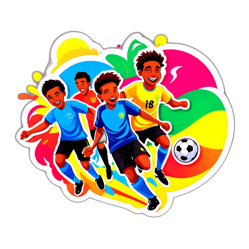 מדבקה שמחה וצבעונית של סצנה מכדורגל רחוב
