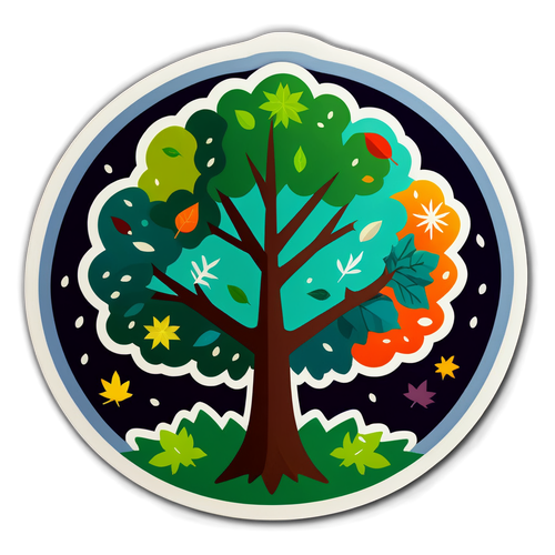 Dört Mevsimi Temsil Eden Ağaç ve Yapraklar Sticker'ı