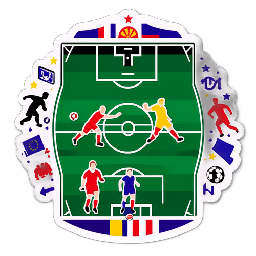 Sticker für die Frauen-EURO mit einem Fußballfeld und Spielern in Aktion
