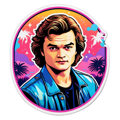 Illustration artistique de Joe Keery avec des éléments de musique des années 80