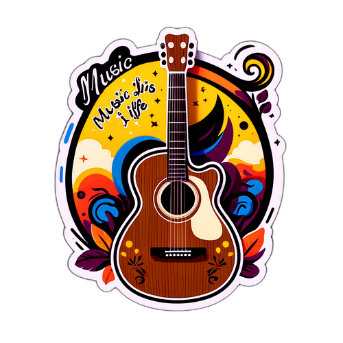 Een sticker met een houten gitaar en de tekst "Music is Life"