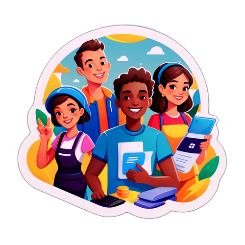 サブスクリプションサービスを利用する人々の賑やかなコミュニティを描いたステッカー