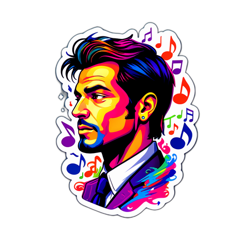 Sticker de Nico Varrone rodeado de notas musicales
