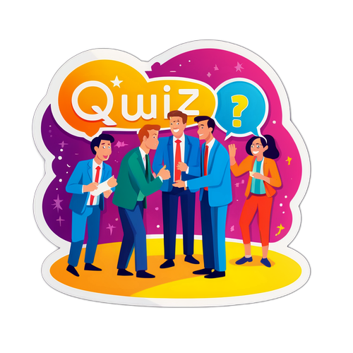 Яркая сцена из квиз-шоу “Что? Где? Когда?” с вопросами и ответами, иллюстрирующая дебаты команд.