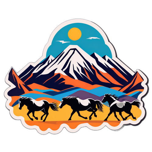 Vuoristomaisema Mongoliassa villihevosia juoksemassa