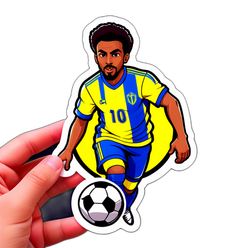 Sticker cu un fotbalist de la Al-Nassr driblând, în stil comic