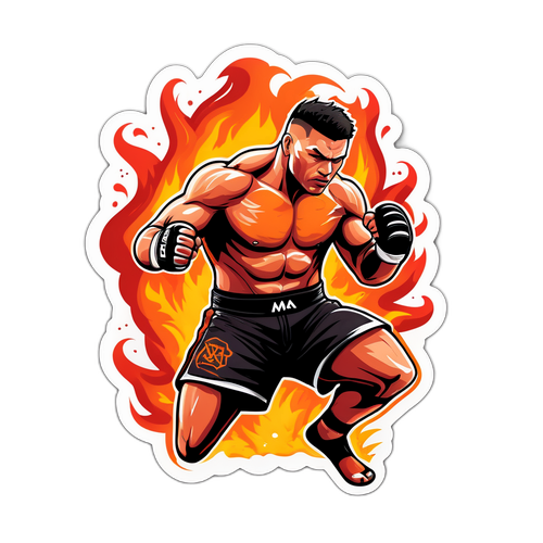 Kreativní nálepka s Karlos Vémolou, odvážným MMA bojovníkem, v pohybu s ohnivými efekty
