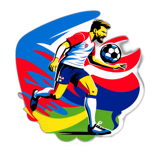 Umělecká reprezentace Hyneka Čermáka kopajícího fotbal s abstraktním pozadím symbolizujícím českou fotbalovou kulturu