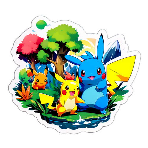 Masayang Sticker ng mga Tauhan ng Pokémon sa Kalikasan