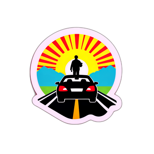 Un autovehicul pe drum cu un șofer și soarele răsărind în fundal