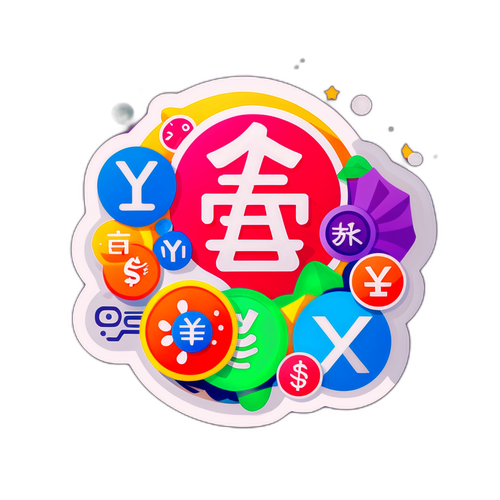 Стикер с символами цифрового юаня и иконками банковских технологий