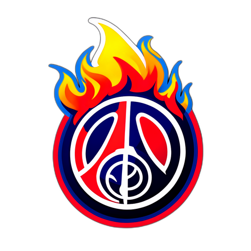 Стикер с логотипом ПСЖ на фоне футбольного мяча с огненными эффектами