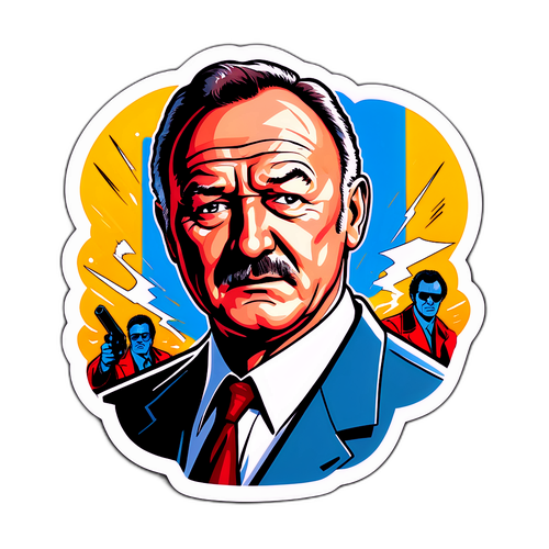 En engagerande comic-style klistermärke föreställande Gene Hackman som actionhjälte