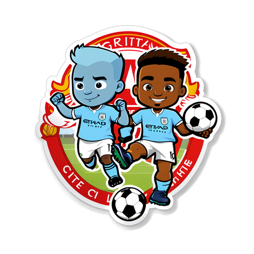 Autocollant amusant mettant en scène des mascottes de football de Liverpool et de Manchester City en compétition