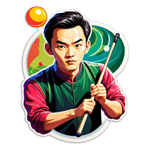 Taiteellinen tarra Zhao Xintongista snooker-matkatikku kädessään