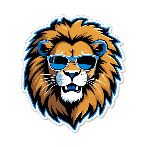 Un divertido sticker de un león con gafas de sol, representando a los Detroit Lions, con la frase "¡Vamos Leones!"