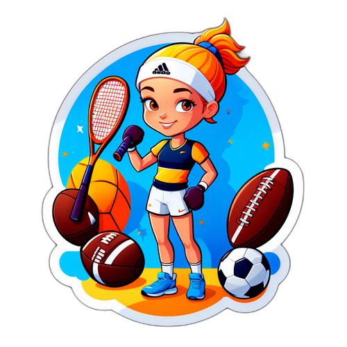 Vibrant Cartoon-Illustrasjon av Signe Gaupset med Sportutstyr