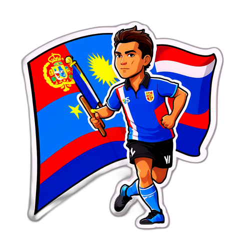 Sticker de Matías Viña en una pose dinámica con la bandera de su país de fondo