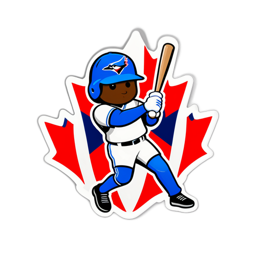 ブルージェイズの選手がカナダの国旗を持ってホームランを打つイラスト