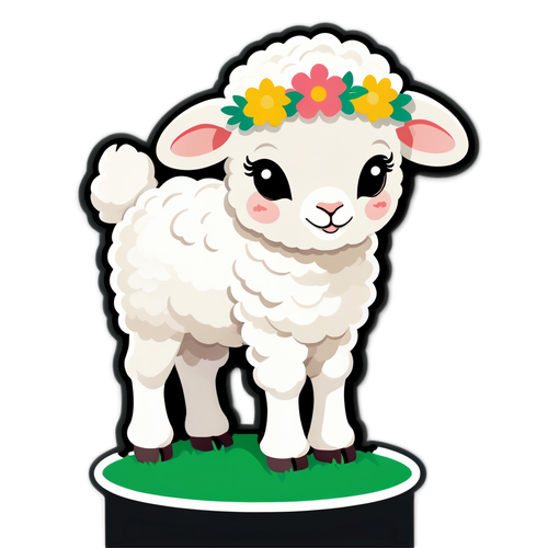 戴着花环站在草地上的小羊羔