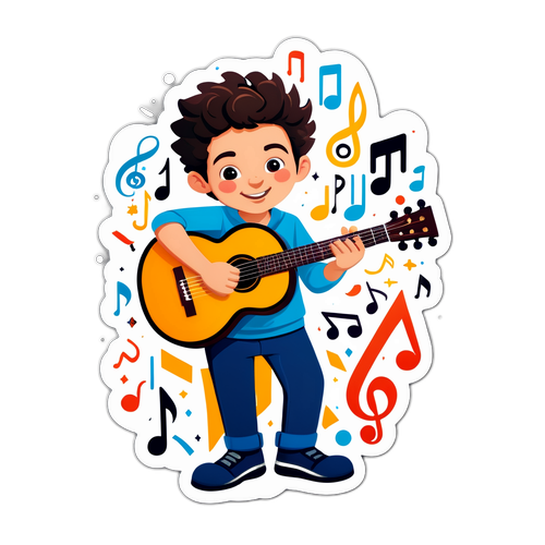 דיוקן משחקי של עדי הימלבלוי בתנוחה משחקית, מוקף בסימני מוסיקה