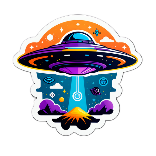 En klistermärke som firar Avslöjandets Dag med en futuristisk design av ett UFO och mystiska symboler