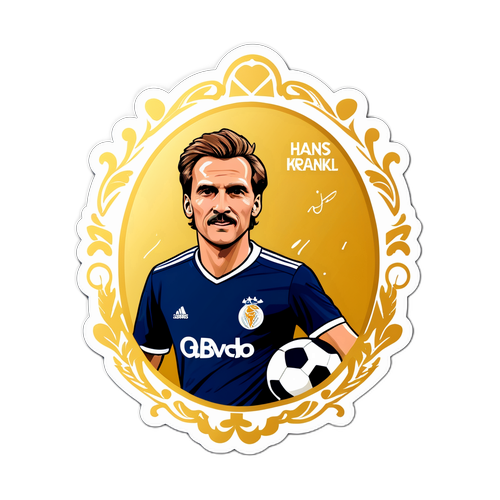 Aufkleber von Hans Krankl mit Fußball und Unterschrift im goldenen Rahmen