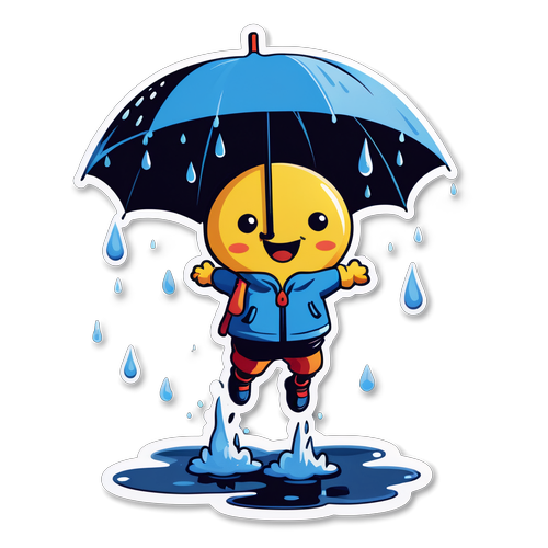 雨の日が大好き！傘を持ったキャラクターの楽しい水たまりジャンプ！