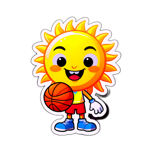 Karikaturang Araw na may Sumbrero at Nagdadala ng Basketball