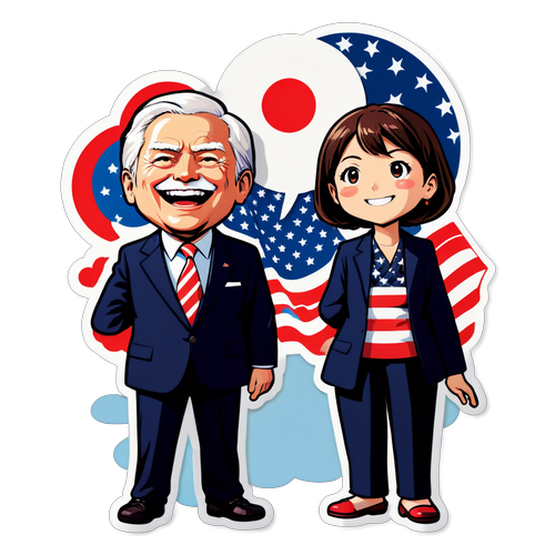 ジャパン・アメリカ首脳会議の裏側を描いたコミカルなイラスト