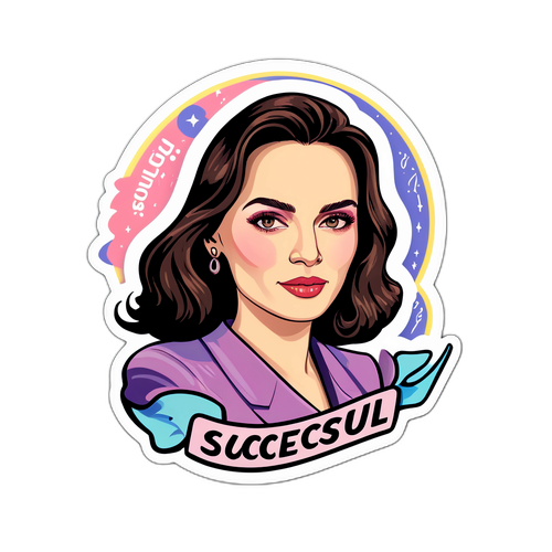 Sticker cu un portret artistic al Ralucăi Bădulescu, cu un scheme de culori pastelate, cu textul 'Femeie de Succes'