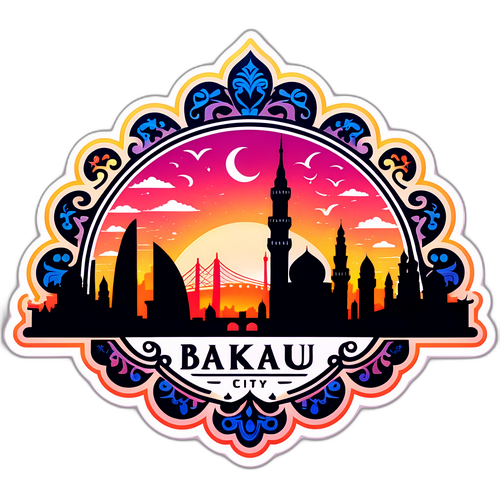 Baku város sziluettje naplementében