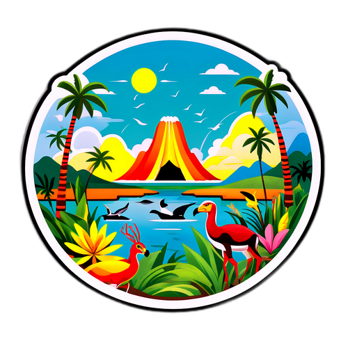 Kleurrijke illustratie van de natuur en cultuur van Guyana met een dieren thema