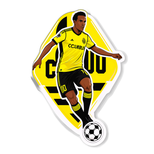 Дизайн стикера для футбольной команды Columbus Crew с их логотипом и игроком в динамичной позе на фоне стадиона