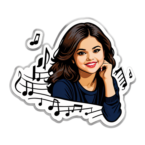 Lebhaftes Design von Benny Blanco mit musikalischen Noten und einem Bild von Selena Gomez