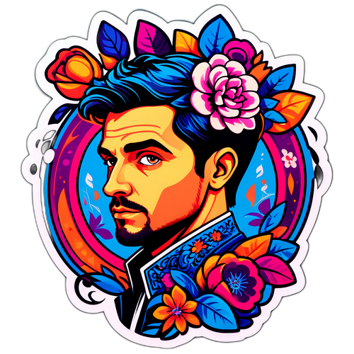 Portret stilizat al lui Theo Rose cu detalii florale