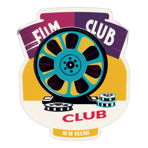 Filmklub címke egy klasszikus film táblával, vintage filmes hengerekkel díszítve